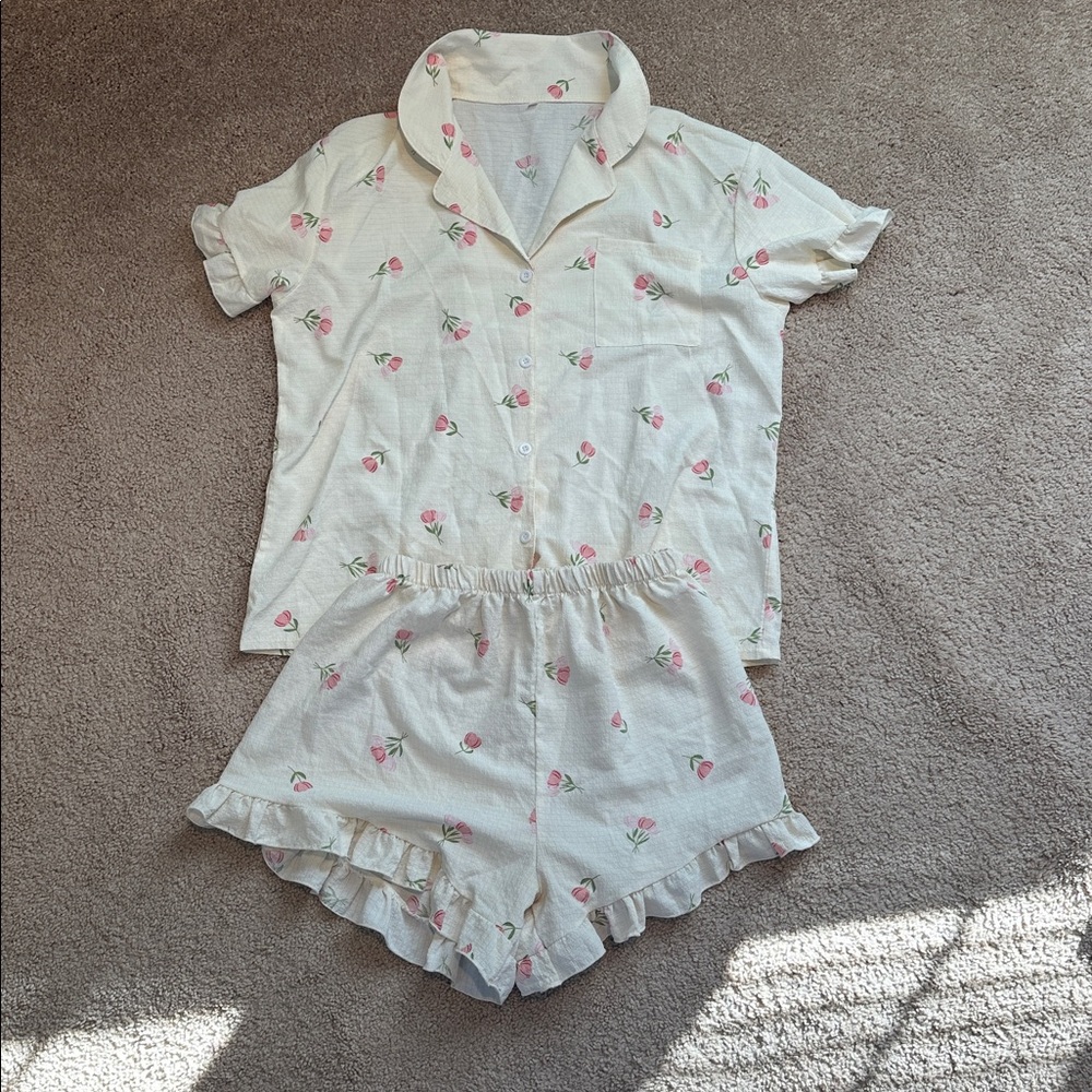 Floral Pajamas Set - Cream and Pink